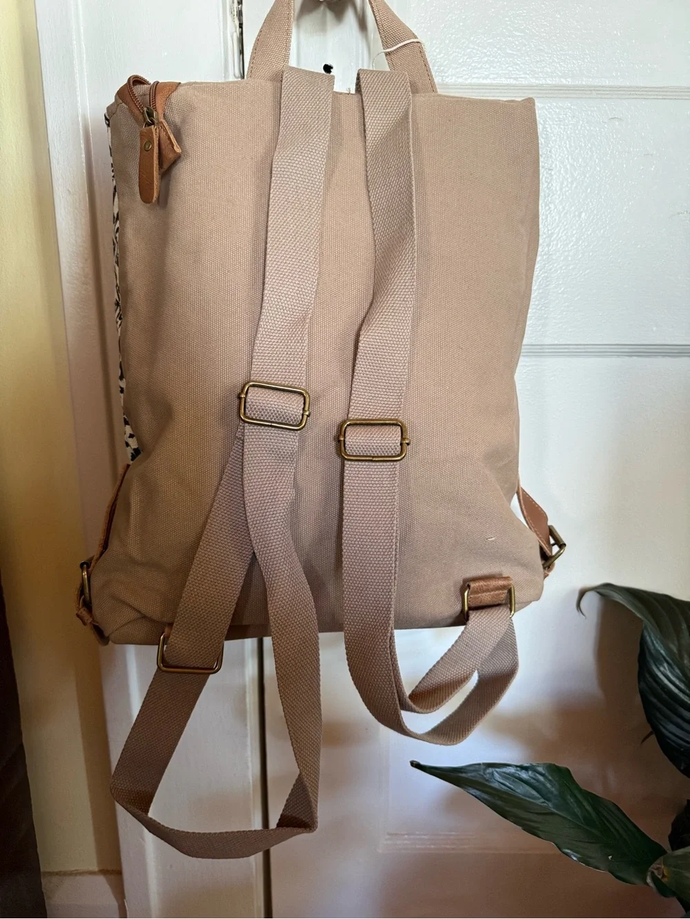 Neutral Cowhide-Pattern Canvas Backpack with Brown Trim